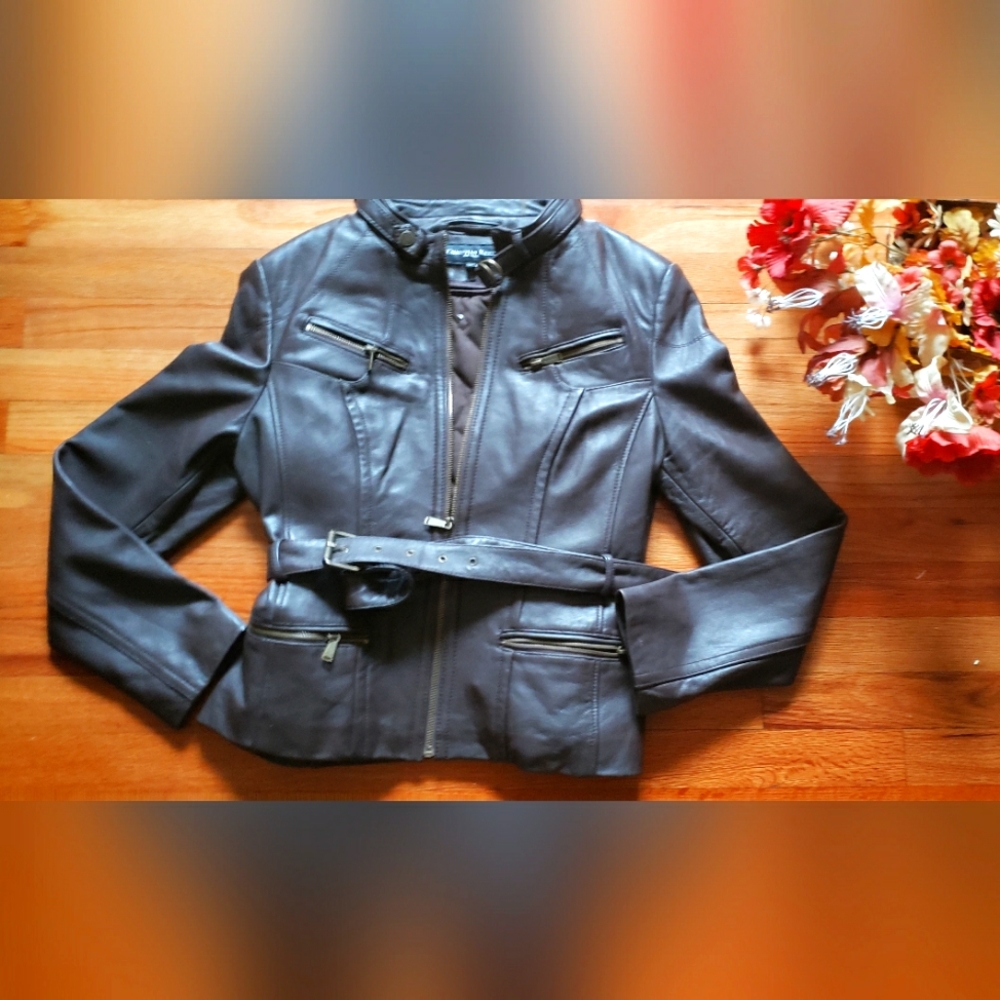 Christian Reed Women Brown Soft Leather Quilted Lined Jacket XL Multi Zipper